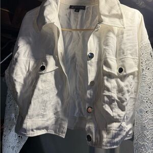 INC International Concepts White Crochet-Sleeve Jean Jacket